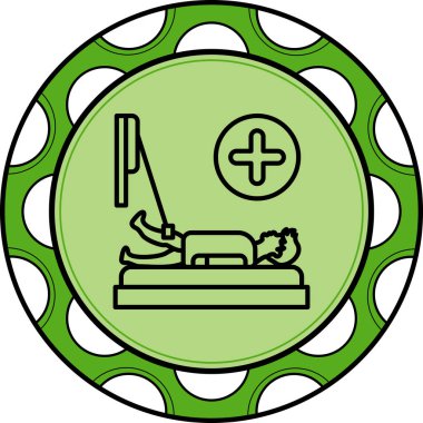 Minimalist çizgi ikonu, hastanın bacağı çekiş sisteminde dairesel ilk yardım çaprazının yanında yüksekte yattığını gösteriyor.