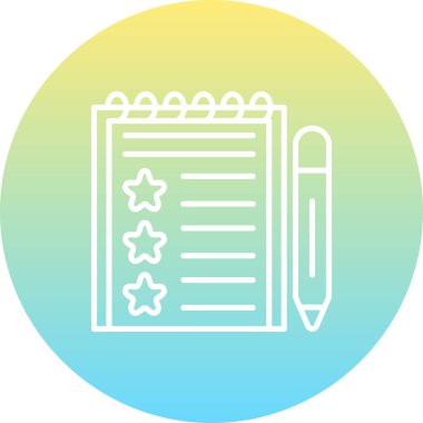 Üç yıldızlı ve eğimli bir kalemi olan sarmal not defterinin minimalist çizgi simgesi.