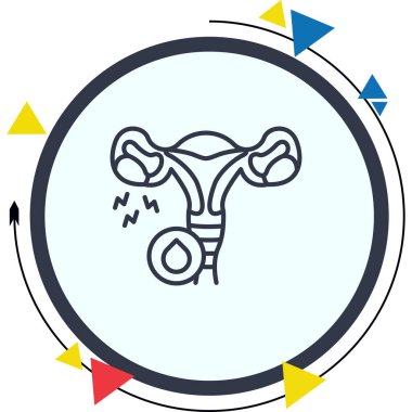 Bu stilize edilmiş tıbbi ikon, uterus, fallop tüpleri ve bir ağrı göstergesi ile yumurtalıkları içeren kadın üreme sistemini gösteriyor..