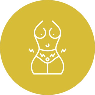 Bu doğrusal ikon, pelvis bölgesinde ağrı göstergeleri olan, regl kramplarını veya karın ağrısını temsil eden stilize edilmiş bir kadın gövdesini tasvir eder..