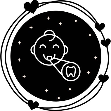 Pediatrik dişleri temsil etmek için büyüteçle gösterilen tek dişli, gülümseyen bir bebek.