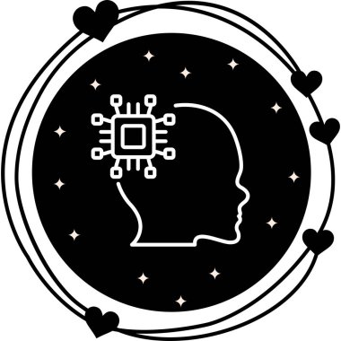 Entegre mikroçip ve bağlantı düğümlerine sahip insan profili simgesi, nöroteknoloji uygulamaları veya yapay zeka web sayfaları için uygundur.