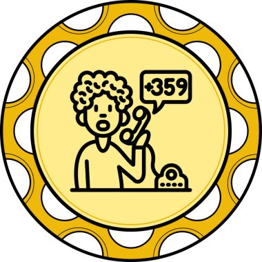 Kıvırcık saçlı bir figür, dairesel bir çerçeve içinde + 359 rakamını içeren bir konuşma baloncuğunun yanında bir telefon ahizesi tutar..