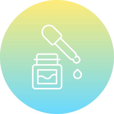 Minimalist beyaz çizgi simgesi, katı dairesel arkaplan üzerinde tek damla damlayan etiketli ve pipetli küçük kare şişeyi gösterir.