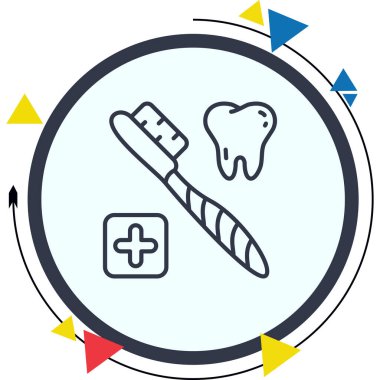 Diş fırçası, kapsamlı ağız sağlığı ve profesyonel diş sağlığını temsil eden sağlıklı insan dişi ve tıbbi haç sembolünün yanında yer alır..