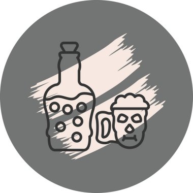 Mantar tıpalı cam şişe insan kafatası şeklinde köpüklü kupanın yanında duruyor. Uygulama için uygun simge.