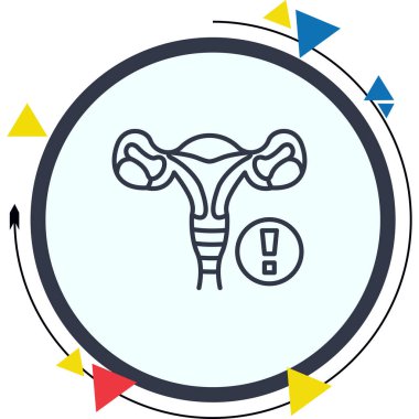 Doğrusal simge anatomik kadın üreme sistemini ünlem işareti uyarı sembolü ile betimler, jinekolojik sağlık endişelerini, tıbbi teşhisleri veya üreme sağlığı izlemesini temsil eder.