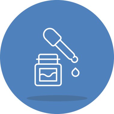 Minimalist beyaz çizgi simgesi, katı dairesel arkaplan üzerinde tek damla damlayan etiketli ve pipetli küçük kare şişeyi gösterir.