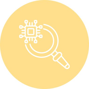 Çevresindeki bağlantı düğümlerine sahip bir mikroçipi vurgulayan büyüteç simgesi donanım tanılama uygulamaları veya teknoloji araştırma sayfaları için uygundur.