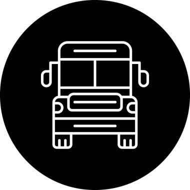 Bir beyaz çizgi simgesi, büyük ön cam ve aynalı yolcu otobüsünün ön görünümünü betimliyor.