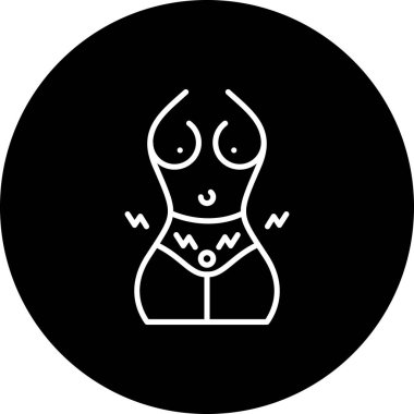 Bu doğrusal ikon, pelvis bölgesinde ağrı göstergeleri olan, regl kramplarını veya karın ağrısını temsil eden stilize edilmiş bir kadın gövdesini tasvir eder..