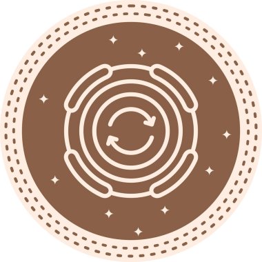 Minimalist simge merkezde saat yönünde dairesel bir hareket oluşturan iki küçük oklu bir dizi eşmerkezli daireler içerir..