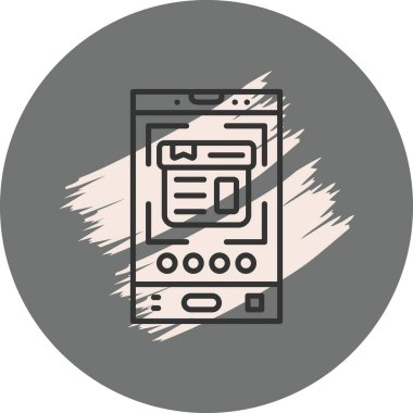 Beyaz kenarlıklı bir mor dairesel simge, bir belge ve navigasyon düğmeleri ile dijital arayüzü gösteren siyah çizgili bir akıllı telefona sahiptir..