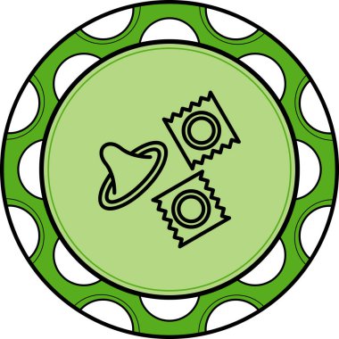 Paketlenmemiş bir prezervatifin doğrusal simgesi ve açık gri bir çember içinde iki paket prezervatif..