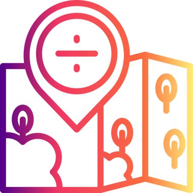 Yer ve yön bulma grafikleri katlanmış bir harita ve bölme matematik sembolünü gösteren bir lokasyon broşu içeriyor..