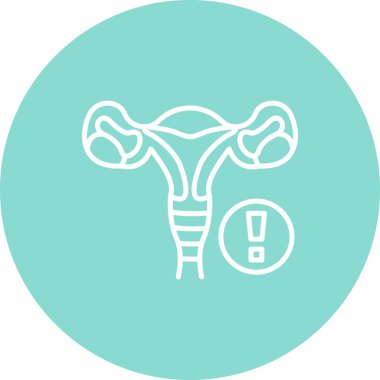 Doğrusal simge anatomik kadın üreme sistemini ünlem işareti uyarı sembolü ile betimler, jinekolojik sağlık endişelerini, tıbbi teşhisleri veya üreme sağlığı izlemesini temsil eder.
