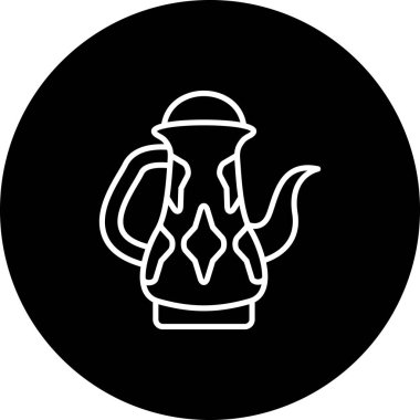 Çizgi çizimi, kıvrımlı saplı ve ışık eğimine karşı merkezde duran süslü bir dallah kahve demliğini tasvir ediyor..