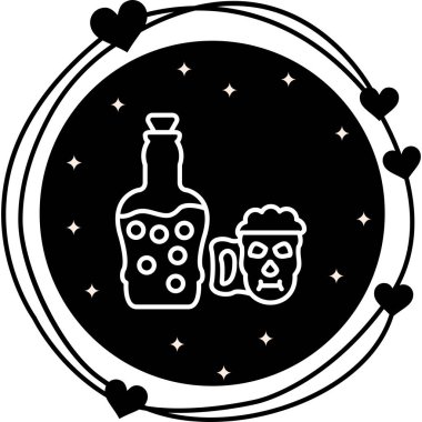 Mantar tıpalı cam şişe insan kafatası şeklinde köpüklü kupanın yanında duruyor. Uygulama için uygun simge.