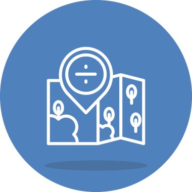 Yer ve yön bulma grafikleri katlanmış bir harita ve bölme matematik sembolünü gösteren bir lokasyon broşu içeriyor..