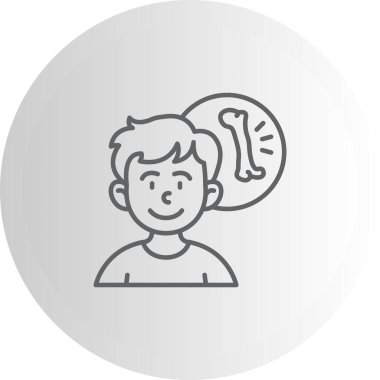 Gülümseyen bir çocuk, merkezinde insan kemiğini gösteren yuvarlak çağırma balonuyla gri çizgi simgesi olarak ortaya çıkıyor..