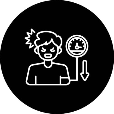 Doğrusal simge, kan basıncının yanında baş dönmesi ve baş ağrısı ölçer ile düşük tansiyon semptomları veya düşük dolaşım kuvveti gösteren bir adam tasvir eder..