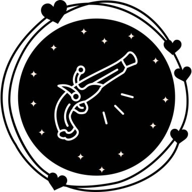 Kavisli saplı antik çakmaklı tabanca ve çapraz yerleştirilmiş ateşleme mekanizması. Uygulama için uygun simge.