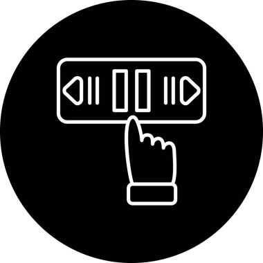 Bir insan eli dikdörtgen düğmeye basar ve arkaplanda duraklama, ileri sarma ve geri sarma gibi medya kontrol sembolleri içerir.