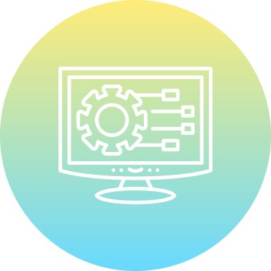 Bağlantı düğümleri olan mekanik bir teçhizatı gösteren bilgisayar monitörü simgesi, sistem ayarı uygulamaları veya teknik yapılandırma web sayfaları için uygundur.