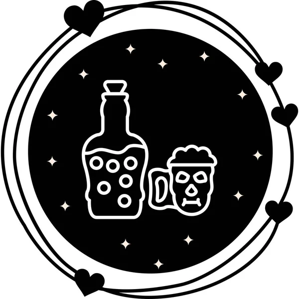 Mantar tıpalı cam şişe insan kafatası şeklinde köpüklü kupanın yanında duruyor. Uygulama için uygun simge.