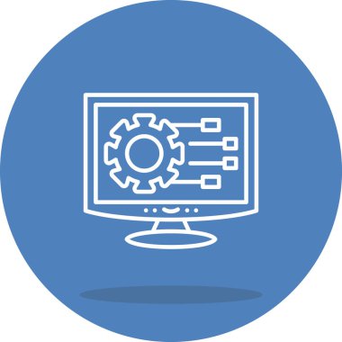 Bağlantı düğümleri olan mekanik bir teçhizatı gösteren bilgisayar monitörü simgesi, sistem ayarı uygulamaları veya teknik yapılandırma web sayfaları için uygundur.