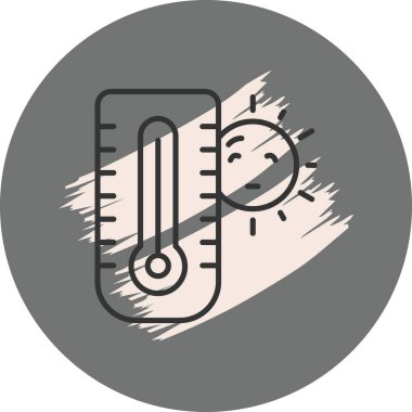 İç sıvı sütuna sahip dikey termometre, ışınlı güneş sembolünün yanında duruyor. Uygulama için uygun simge.