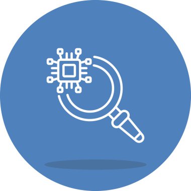 Magnifying glass icon highlighting a microchip with surrounding connection nodes, suitable for hardware diagnostic apps or technology research web pages.