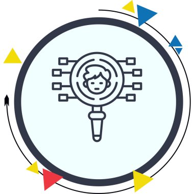 Çevredeki bağlantı düğümlerine sahip bir insan profilini vurgulayan büyütme cam simgesi, işe alma uygulamaları veya kullanıcı arama sayfaları için uygundur.