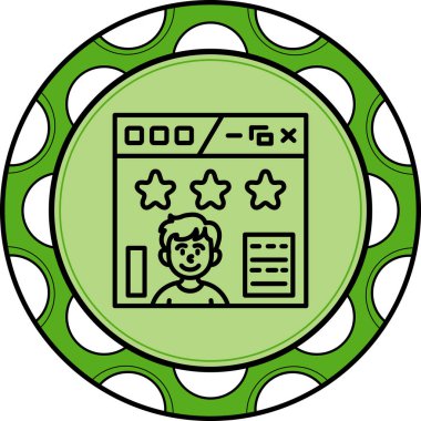 Web tarayıcısında online derecelendirme yıldızlarını gösteren gülümseyen bir çizgi film karakteri.