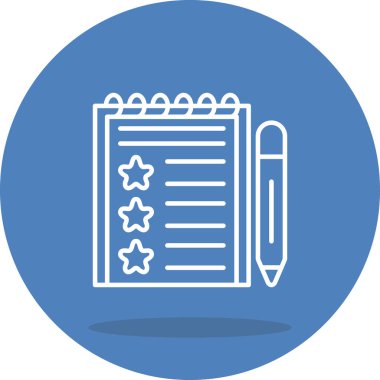 Üç yıldızlı ve eğimli bir kalemi olan sarmal not defterinin minimalist çizgi simgesi.