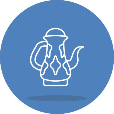 Çizgi çizimi, kıvrımlı saplı ve ışık eğimine karşı merkezde duran süslü bir dallah kahve demliğini tasvir ediyor..