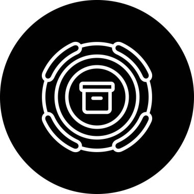 An icon featuring concentric circles and a box symbol in the center is displayed within a circular frame