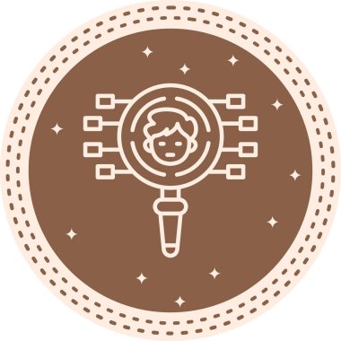 Magnifying glass icon highlighting a human profile with surrounding connection nodes, suitable for recruitment apps or user search web pages.