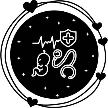 Tıbbi ikona bir fetüs, bir stetoskop, bir kalp atışı çizgisi ve haçlı bir kalkan, doğum öncesi sağlık hizmetlerini ve izlemeyi temsil ediyor..