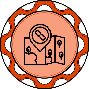 Bir bağlantı veya zincir sembolü gösteren konum broşlu katlanmış bir harita içeren seyahat ve gezinme grafikleri.