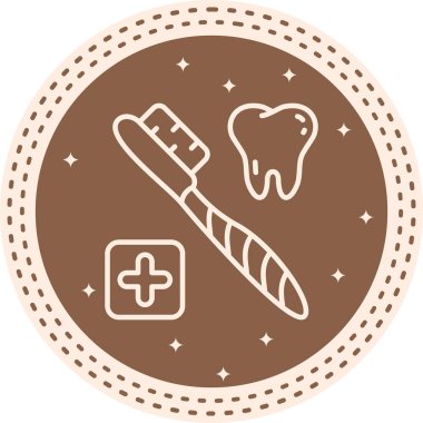 Diş fırçası, kapsamlı ağız sağlığı ve profesyonel diş sağlığını temsil eden sağlıklı insan dişi ve tıbbi haç sembolünün yanında yer alır..