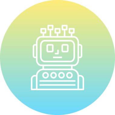 Anten benzeri düğümlere ve ekran yüzüne sahip robot baş simgesi, uygulamalar veya web sayfaları için uygun canlı mor-sarı gradyan hatlara sahip