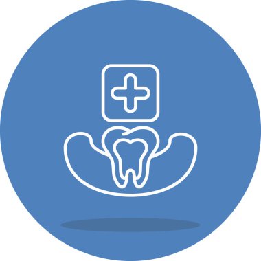 Diş koruma ikonu. Tıbbi haç sembolü, diş bakımı veya diş minesi koruması için sakız çizgisi içindeki tek sağlıklı insan dişinin hemen üzerinde yer alır..