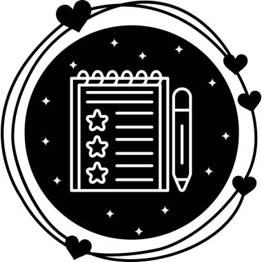 Üç yıldızlı ve eğimli bir kalemi olan sarmal not defterinin minimalist çizgi simgesi.