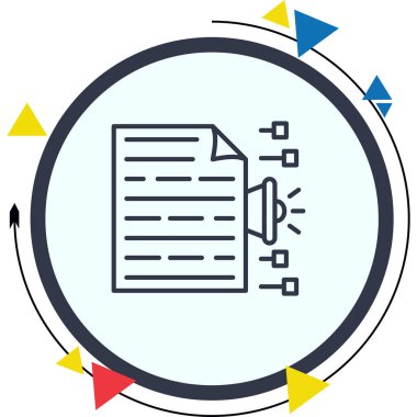 Bir megafon ve bağlantı düğümlerine sahip belge simgesi, pazarlama uygulamaları veya veri yayınlama web sayfaları için uygundur.