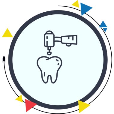 Diş boyama ikonu. Profesyonel diş fırçası, döner kauçuk bardakla tek sağlıklı insan dişinin yüzeyini parlatır.