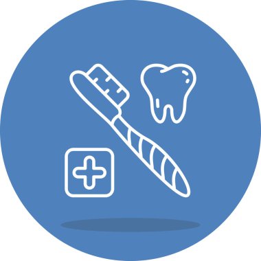 Diş fırçası, kapsamlı ağız sağlığı ve profesyonel diş sağlığını temsil eden sağlıklı insan dişi ve tıbbi haç sembolünün yanında yer alır..