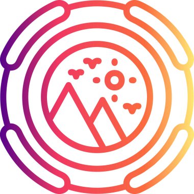 Dağlar ve güneş içeren renkli bir logo.