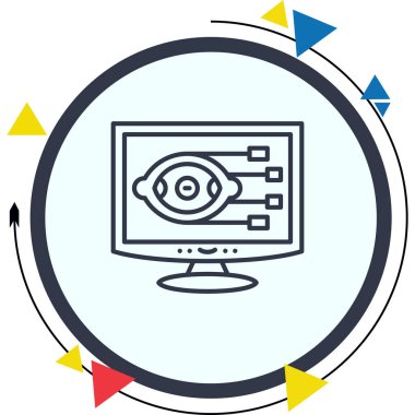 Bağlantı düğümleri ile bir göz sembolü gösteren bilgisayar monitörü simgesi, gözetim uygulamaları veya veri görselleştirme web sayfaları için uygundur.