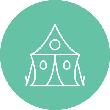 Bir beyaz çizgi ikonu dairesel açıklıklı üçgen kamp çadırını tasvir ediyor..